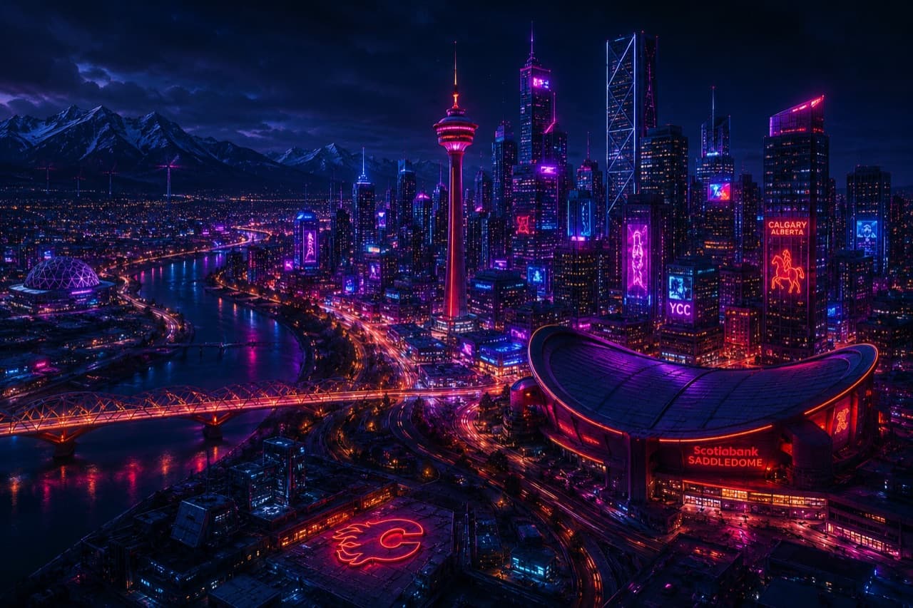Neon-lit Calgary skyline at night