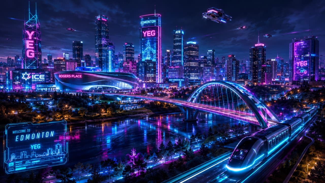Neon-lit Edmonton skyline at night