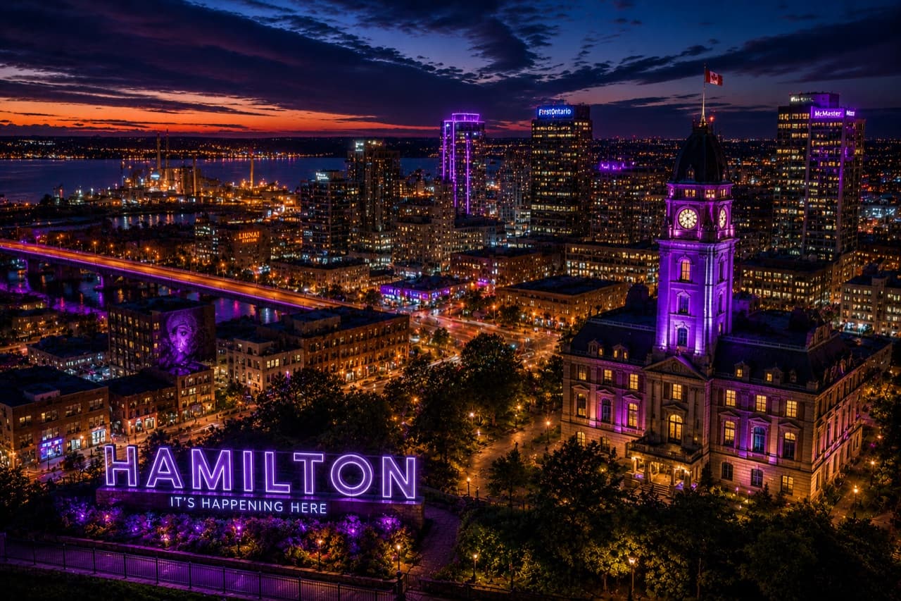 Neon-lit Hamilton skyline at night