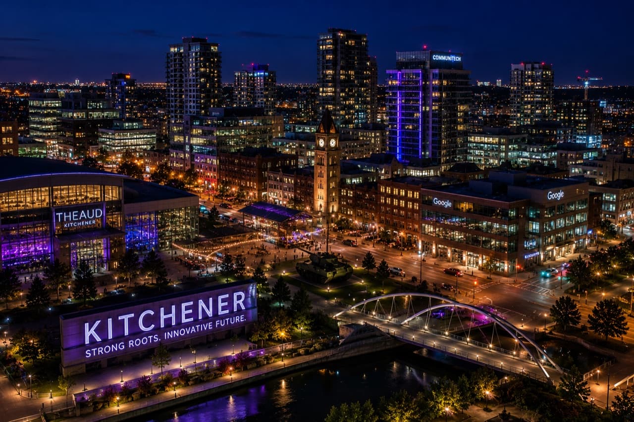 Neon-lit Kitchener skyline at night