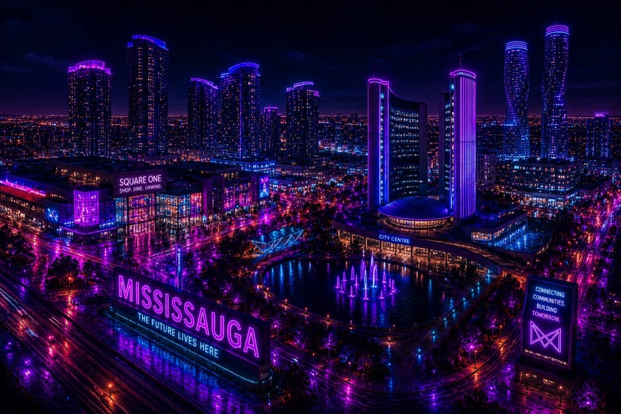 Neon-lit Mississauga skyline at night