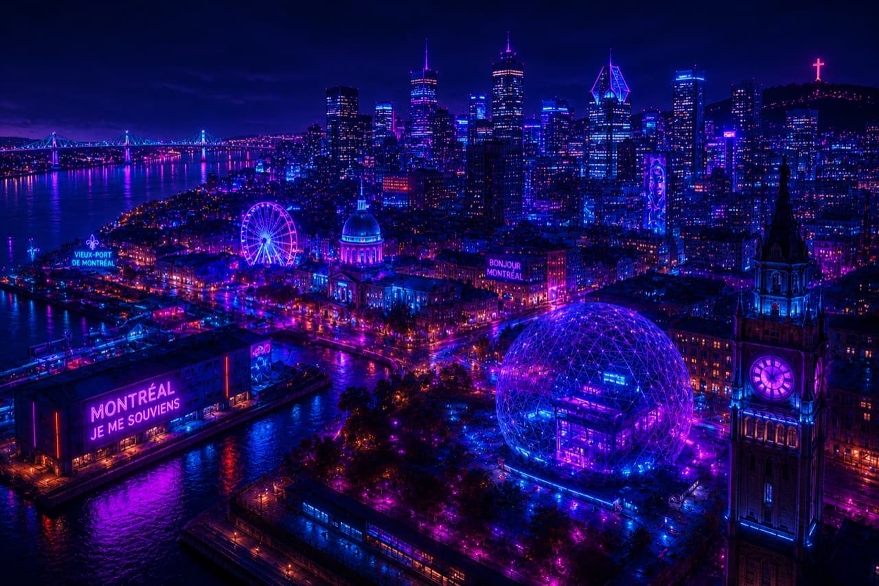 Neon-lit Montreal skyline at night