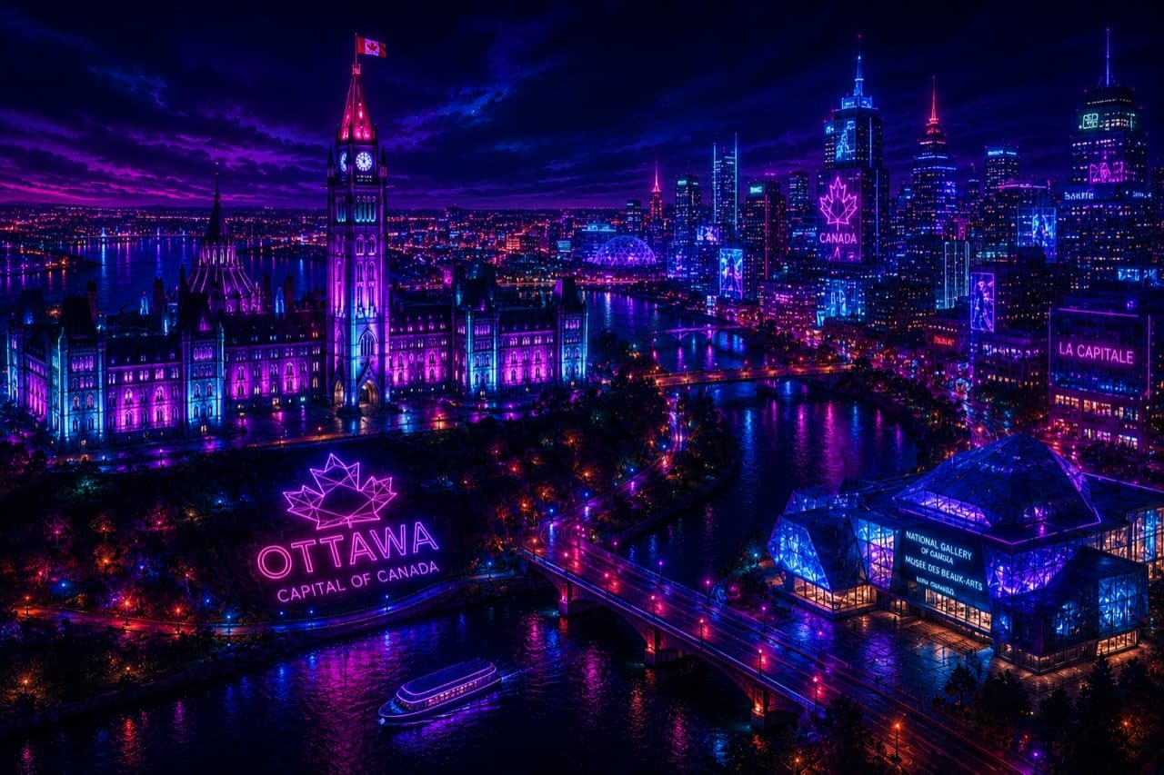 Neon-lit Ottawa skyline at night