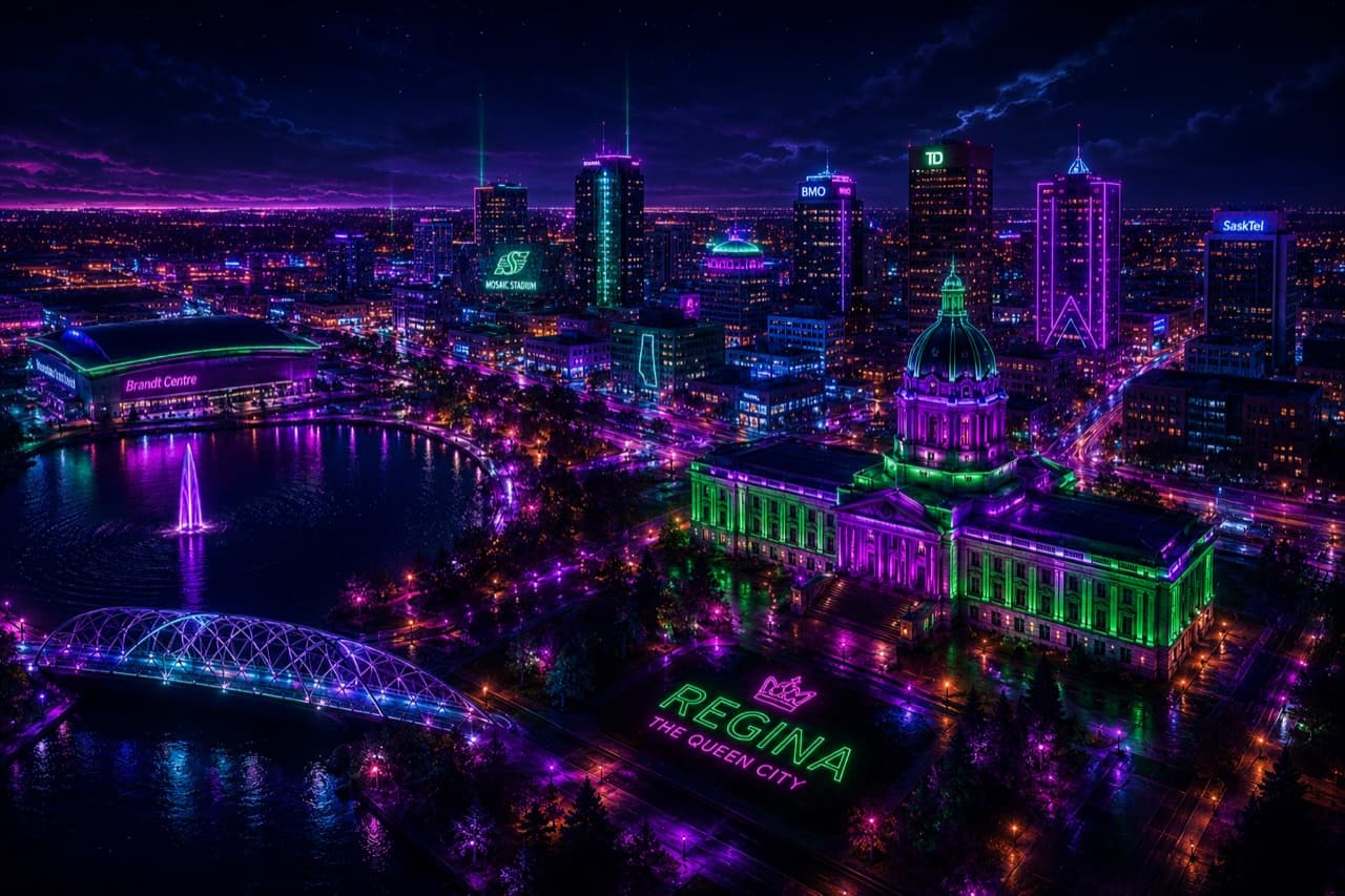 Neon-lit Regina skyline at night