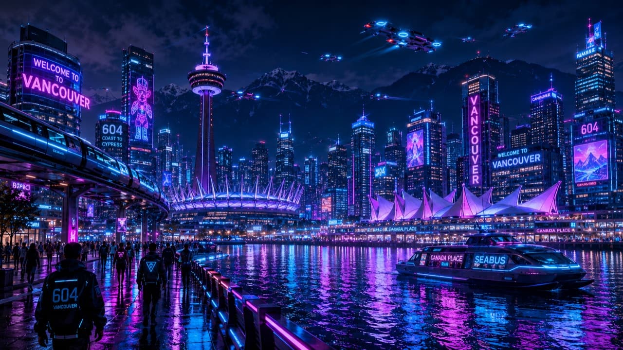 Neon-lit Toronto skyline at night