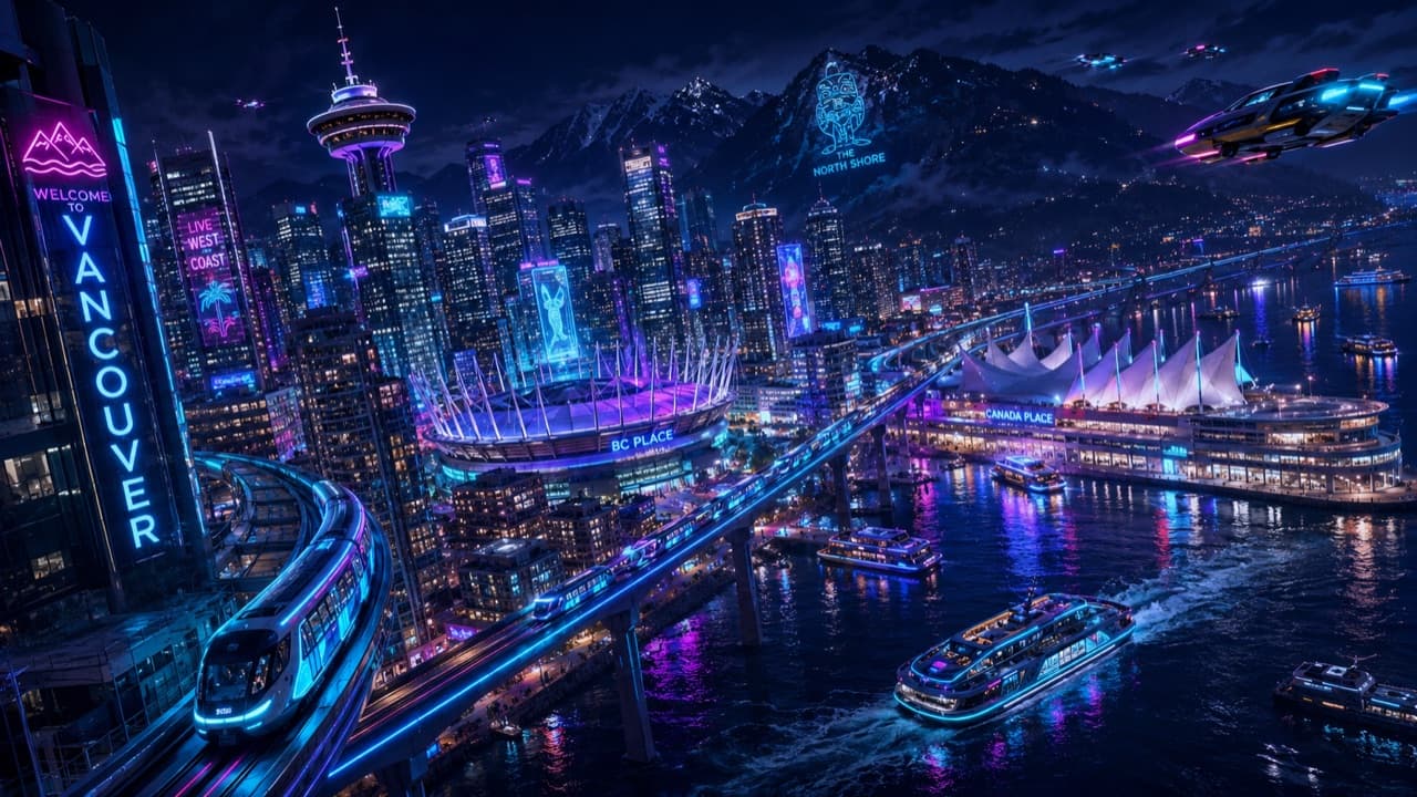 Neon-lit Vancouver skyline at night