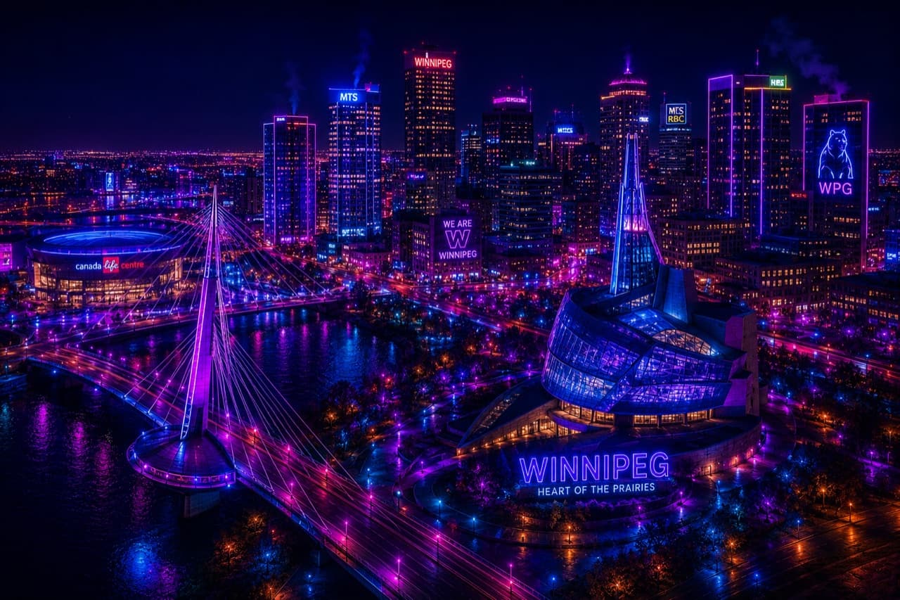 Neon-lit Winnipeg skyline at night
