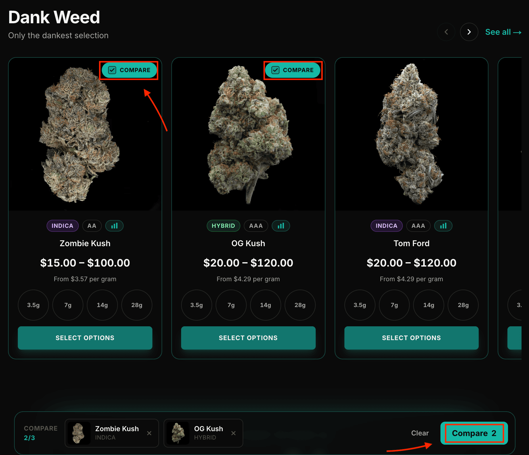 Dank Weed's strain comparison tool: Zombie Kush, OG Kush, and Tom Ford with the Compare button selected on each, and a tray at the bottom ready to line them up side by side.