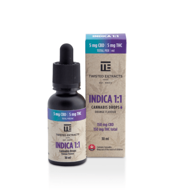 Twisted Extracts Oil Drops Indica 1:1 - Orange (150mg CBD + 150mg THC – 30ml) strain buy weed online cheap weed online dispensary mail order marijuana