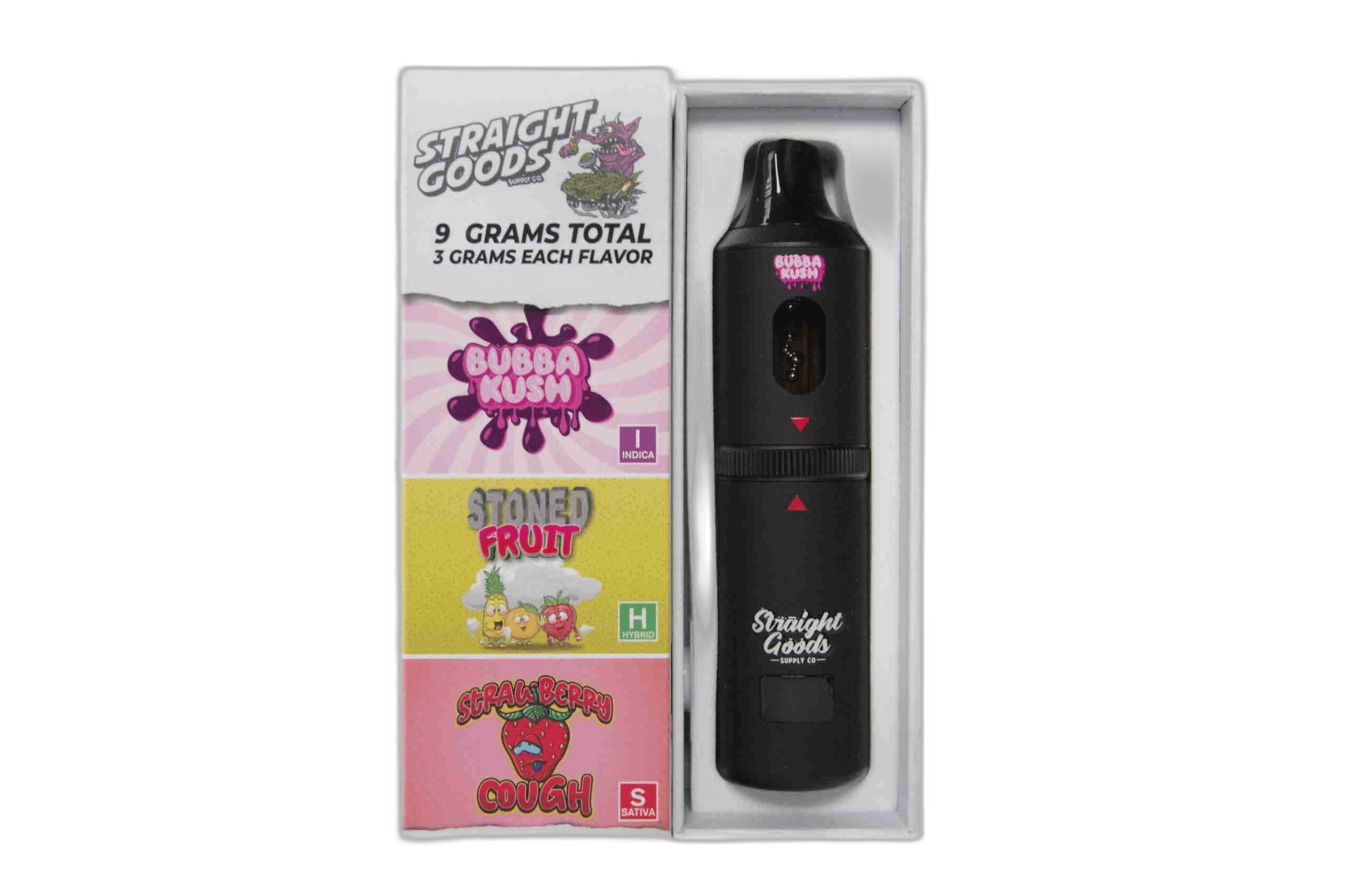 Straight Goods Supply Co Vape (3 Grams + 3 Grams + 3 Gram) — Bubba Kush + Strawberry Cough + Stoned Fruit