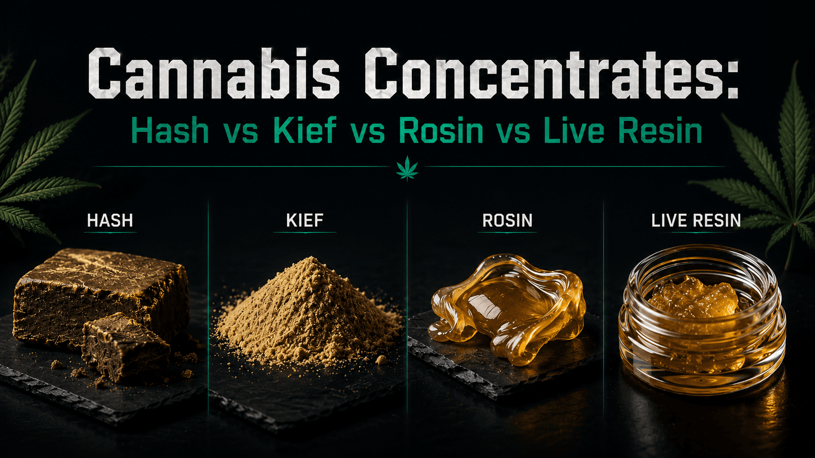 Hash, kief, rosin and live resin shown side by side on slate — a pressed hash block, a mound of kief, a fold of golden rosin and a jar of live resin