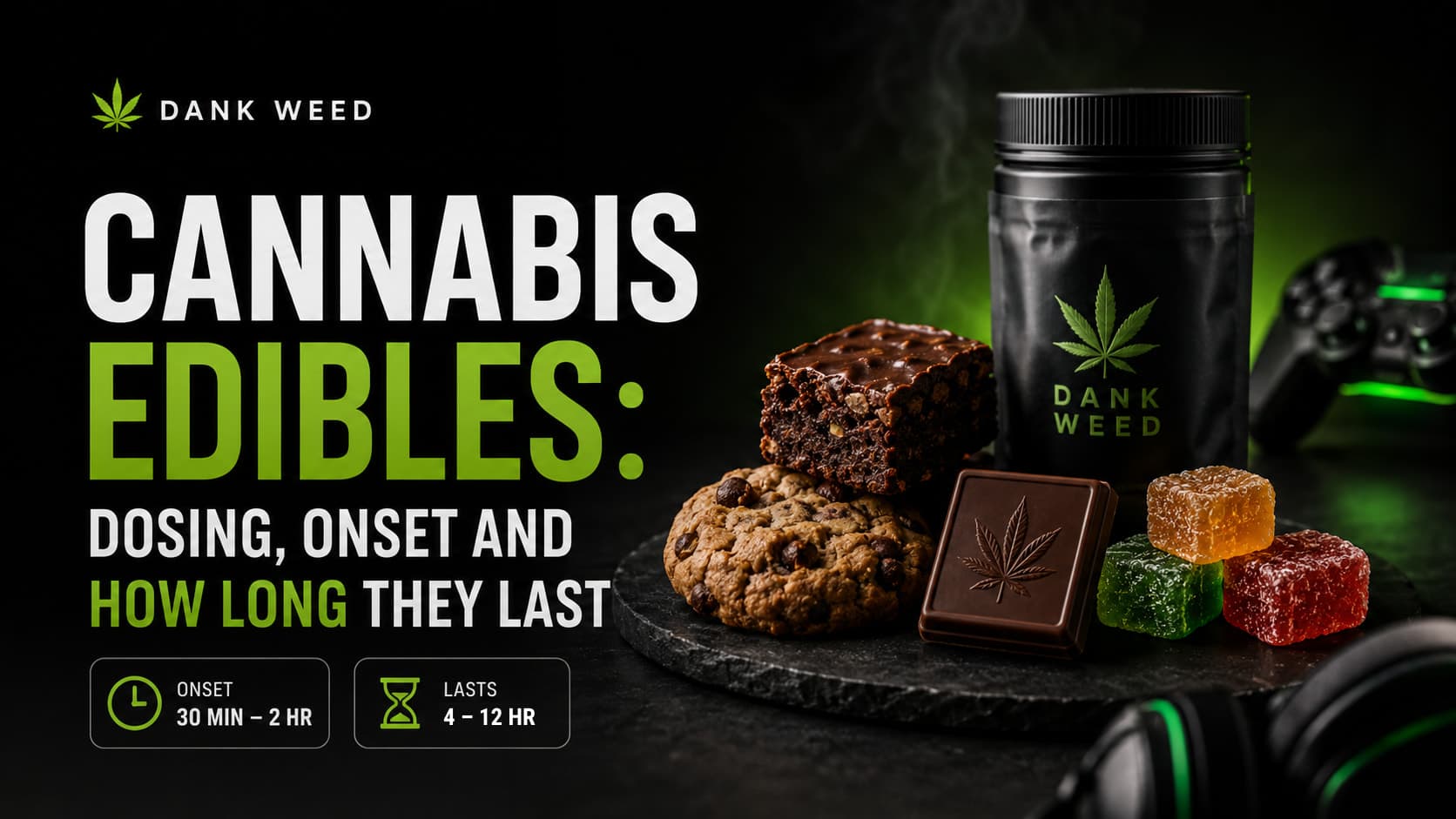 Title card for the cannabis edibles guide: gummies, a chocolate square, a cookie and a brownie beside a Dank Weed pouch, with badges reading onset 30 minutes to 2 hours and effects lasting 4 to 12 hours.