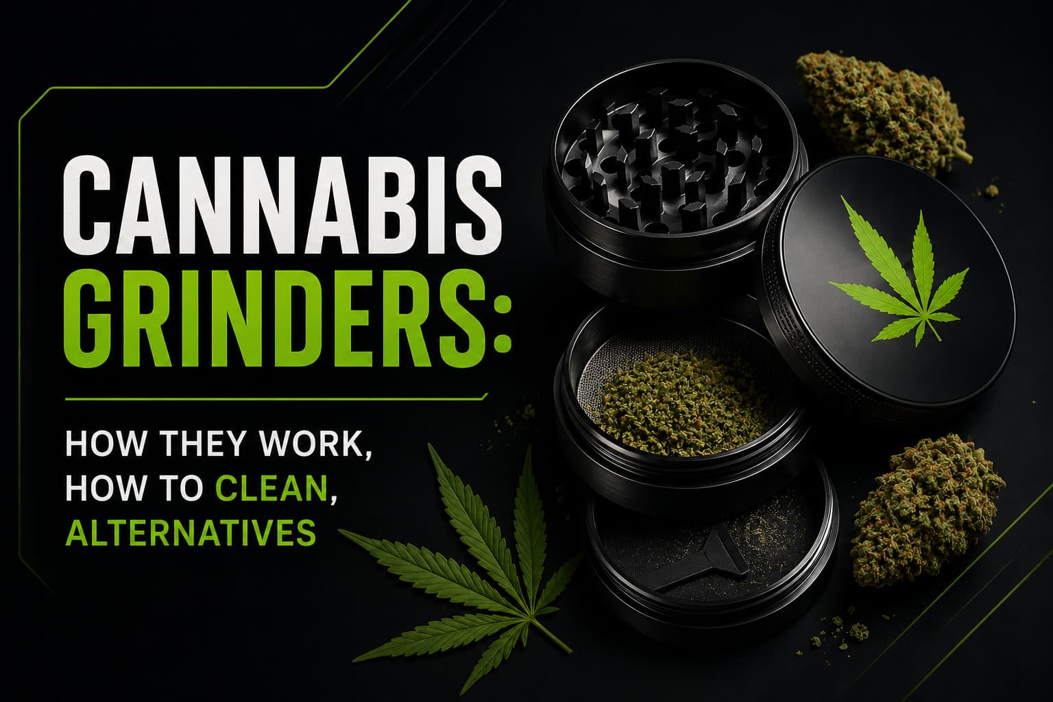 Title card for the cannabis grinder guide: an exploded four-piece grinder showing the toothed lid, grinding chamber, kief screen and collection chamber beside cannabis buds.