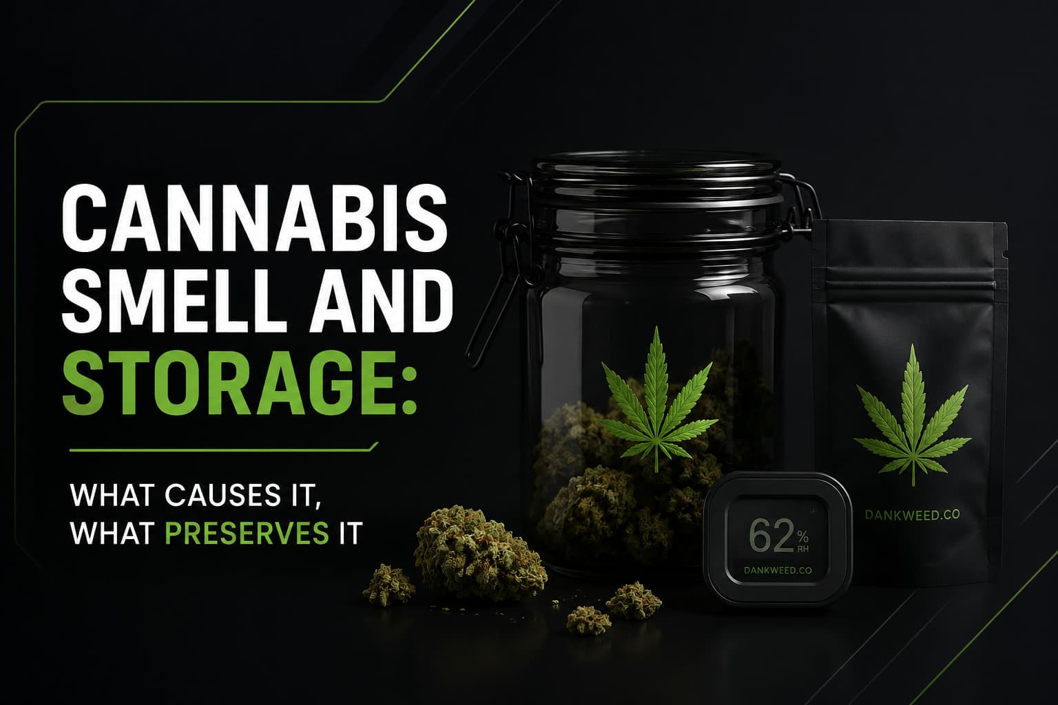 Title card for the cannabis smell and storage guide: cannabis flower in a sealed glass jar beside a mylar pouch and a hygrometer reading 62% RH.