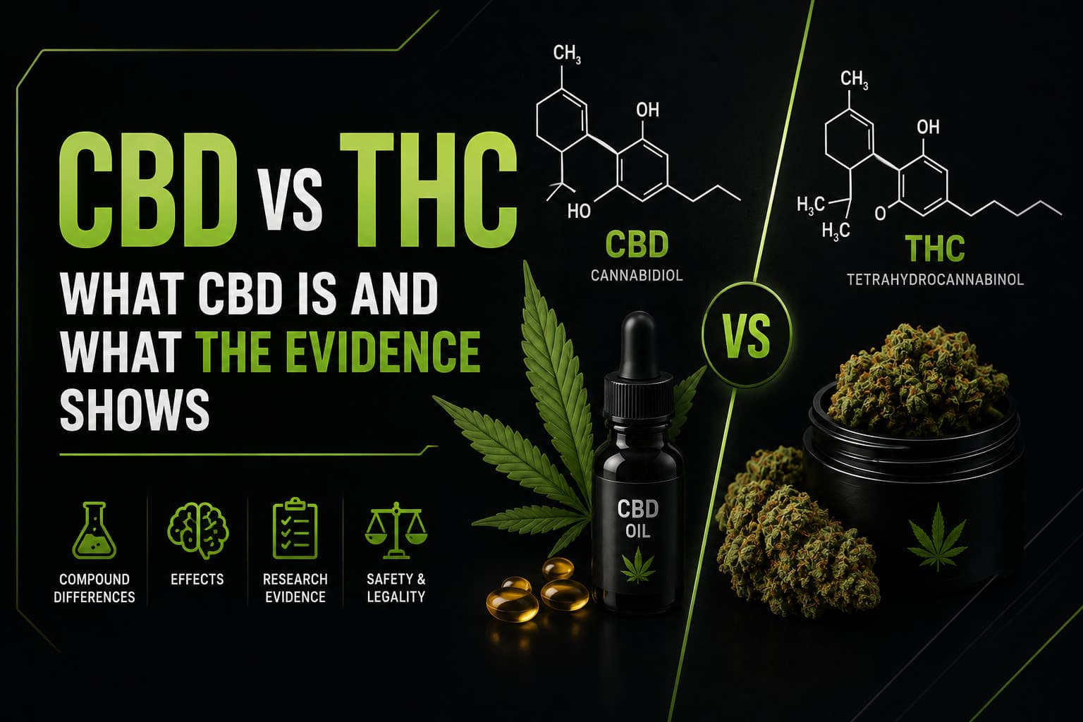 Title card for the CBD vs THC guide: CBD and THC molecular structures side by side with a CBD oil bottle, softgels and cannabis flower in a jar.