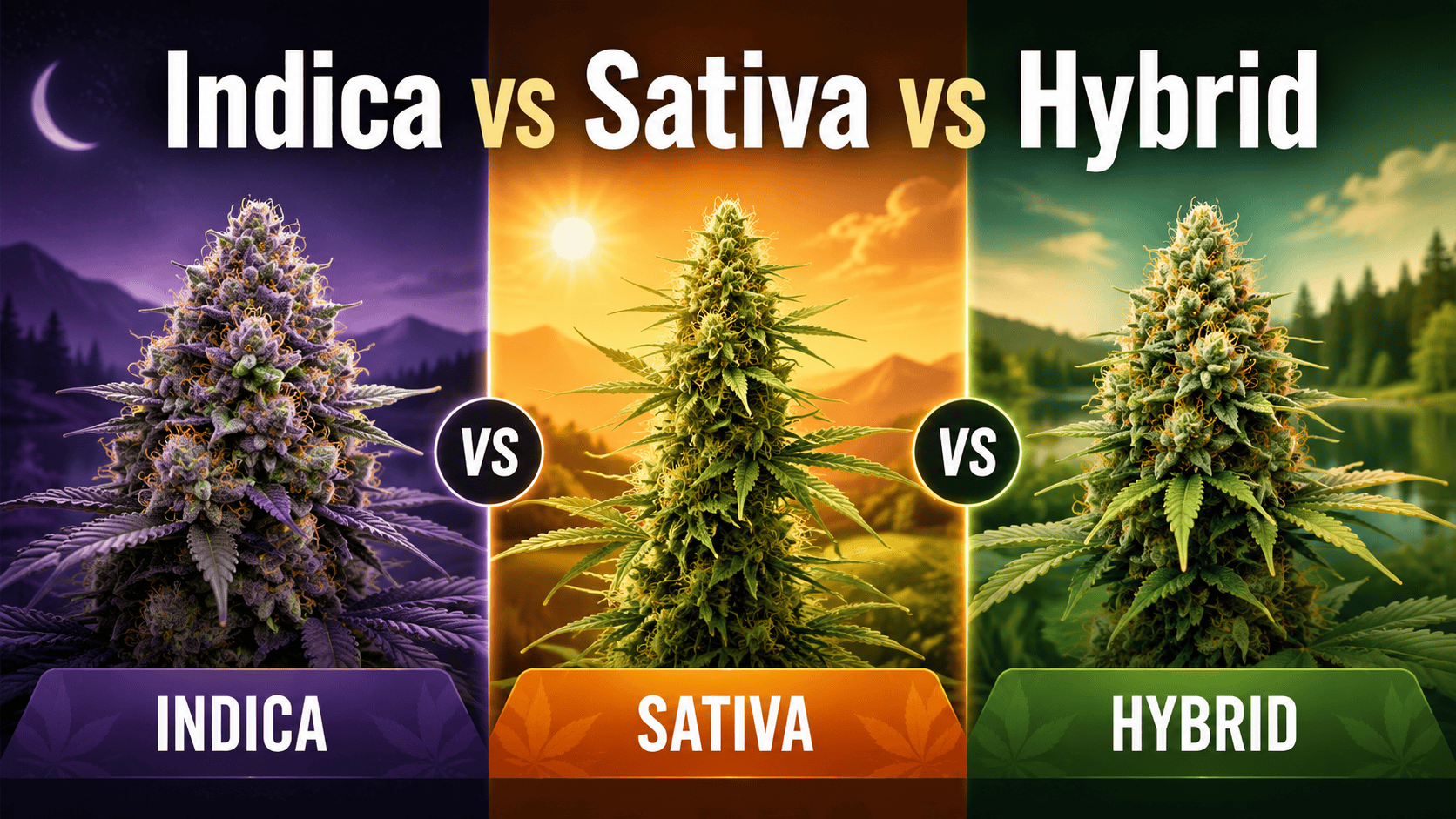 Indica, sativa and hybrid cannabis plants shown side by side under night, sun and daylight scenes