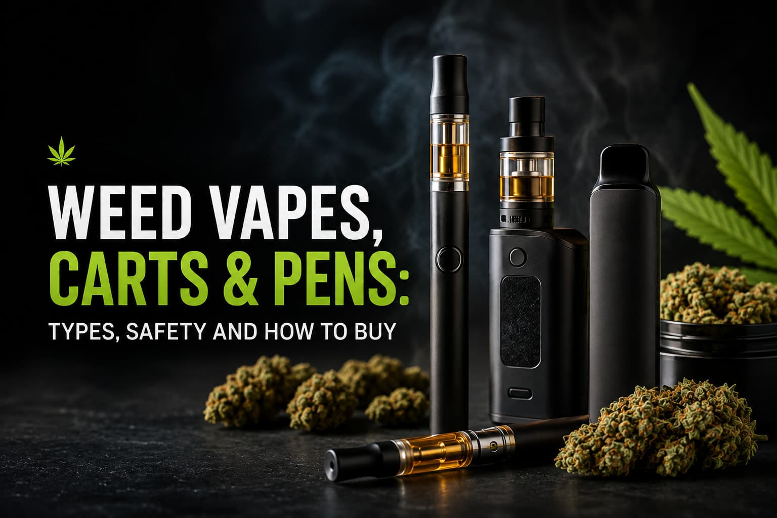 Title card for the weed vapes, carts and pens guide: a 510-thread cartridge, a battery mod, a disposable pen and a loose cart arranged beside cannabis flower.
